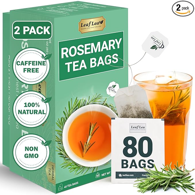 LeafLea 80 Rosemary Leaf Tea Bags, 100% Pure Rosemary Herbal Tea, Gentle Digestive Comfort & Relaxing, Te De Romero Featuring Subtle, Natural Flavor, Caffeine-Free, Sugar-Free, Non-GMO, Vegan