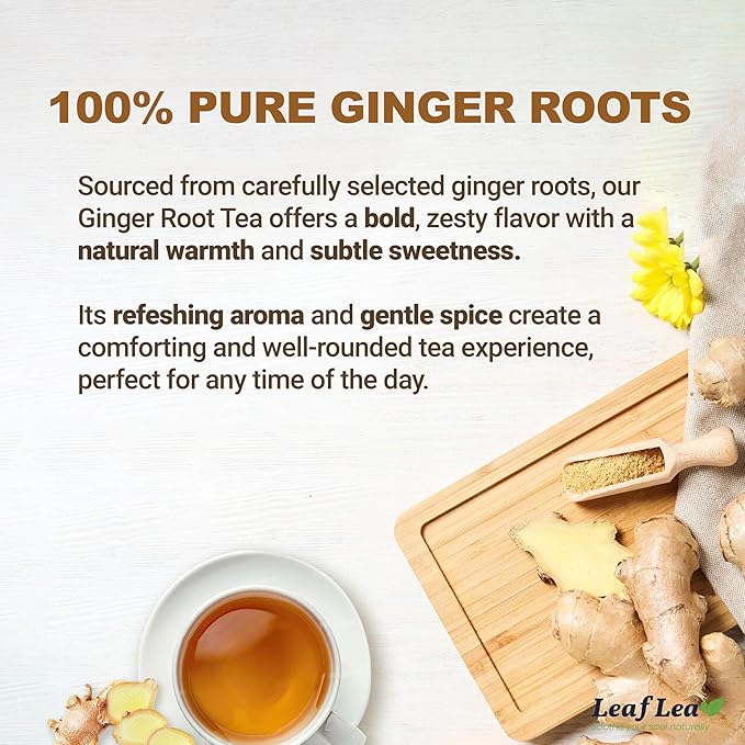 LeafLea 100% Pure Ginger Root Tea Bags – Spicy & Warming Herbal Tea, Supports Digestion & Immune Health, Individually Wrapped, Non-GMO, Caffeine Free, Sugar Free, No Gluten
