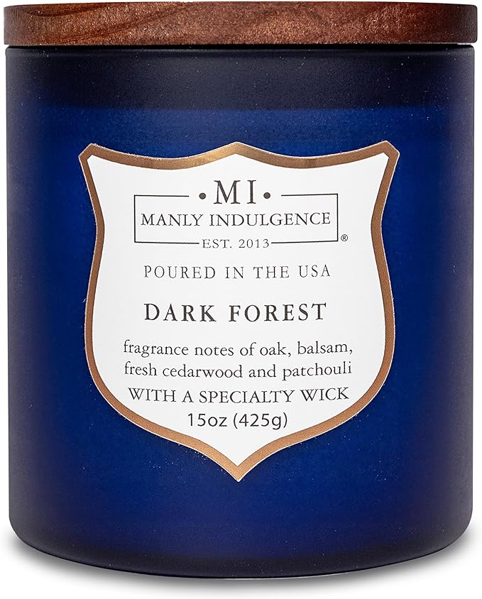 Manly Indulgence Dark Forest Scented Jar Candle for Men, Wood Wicked Candle, 15 oz - Oak, Balsam, Fresh Cedarwood & Patchouli - Up to 60 Hours Burn, Soy Blend Wax, USA Poured, Navy Blue