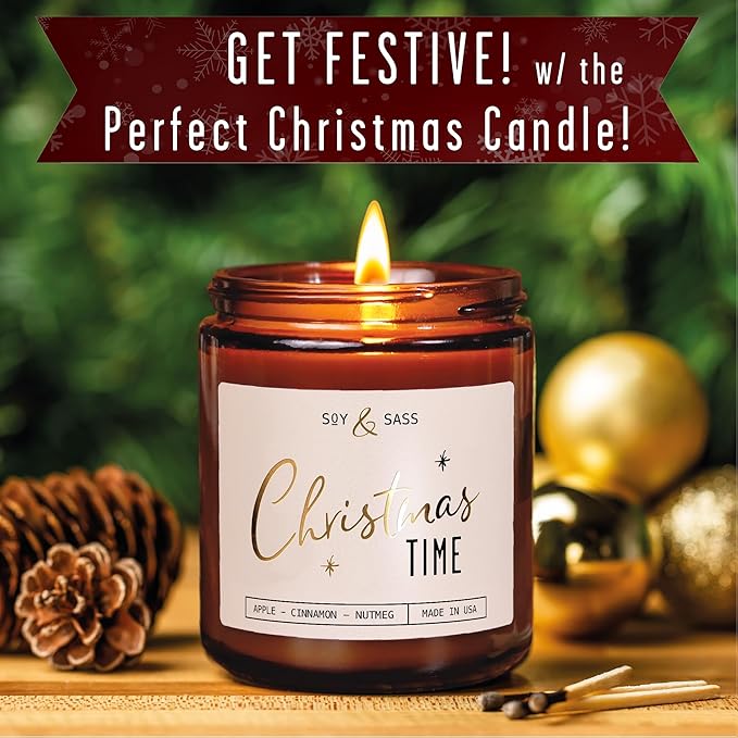 Christmas Candles Scented – ‘Christmas Time’ Soy Christmas Candle, w/Apple, Cinnamon, Clove - Infused with Essential Oils I Holiday Candles I 9oz, 50Hr, Made in USA