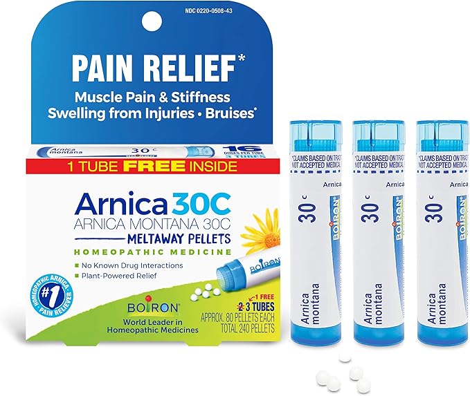 Boiron Arnica Montana 30C Homeopathic Medicine for Relief from Muscle Pain, Muscle Stiffness, Swelling from Injury, and Discoloration from Bruises - 3 Count (240 Pellets)