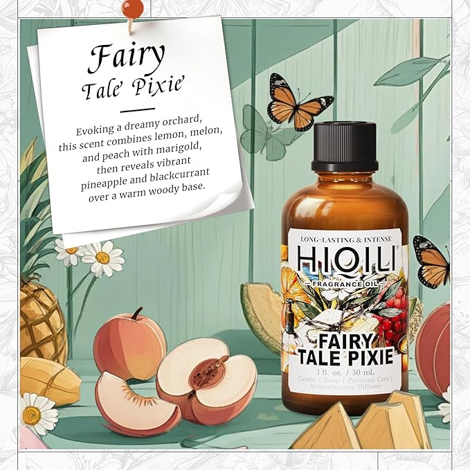 HIQILI Fairy Tale Pixie Fragrance Oil, Peach & Lemon Scents, for Making Soap, Room Spray, Body Scrub, Hotel Luxury, Home Diffuser, Secret Wish - 1 Fl Oz