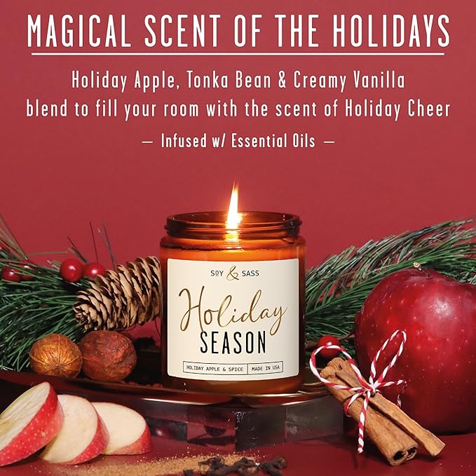 Holiday Candles, Christmas Candles Scented – ‘Holiday Season’ Soy Candle, w/Apple, Cinnamon & Clove - Infused with Essential Oils I Holiday Candle I 9oz, 50Hr, Made in USA