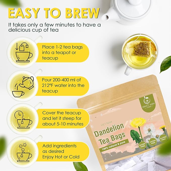 NHAT ANH FARM - Premium Dandelion Tea Bags, 40 Tea Bags, 100% Natural Dried Dandelion Leaves, Naturally Sweet Herbal Tea, Sugar-Free, Caffeine-Free, No Additives.