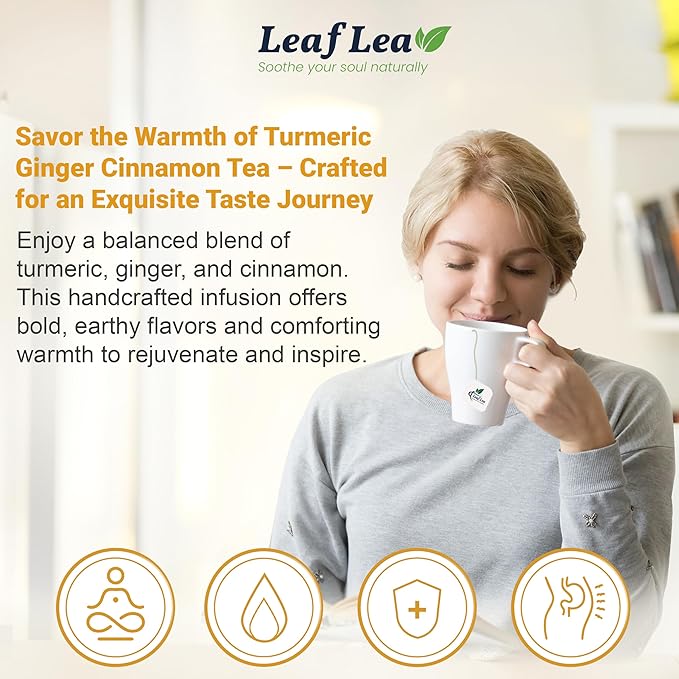 LeafLea 160 Ginger Turmeric Tea Bags, 100% Natural & Pure Herbal Tea Blend of Turmeric Ginger Tea with Cinnamon, Turmeric Tea Supports Digestion & Immunity, Caffeine-Free, No Sugar, Non-GMO
