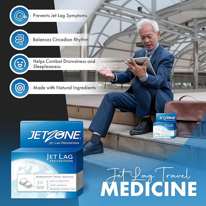 Jet Lag Remedy - Business & Vacation Homeopathic Travel Aid – Trusted for Over 18 Years - Immune – Circadian Rhythm - Fatigue – Exhaustion – Tired - Insomnia – Covers 48hrs Flying Time - 30 Chewables
