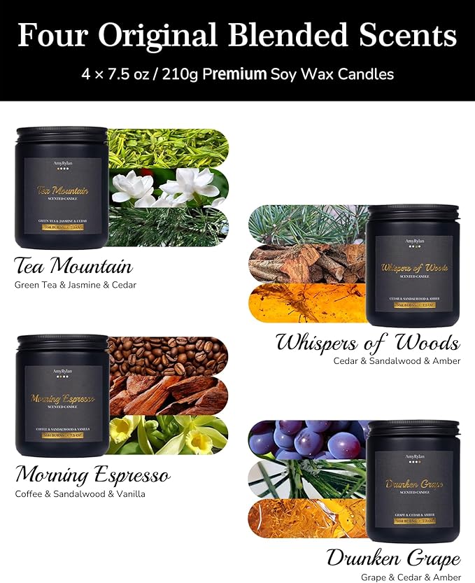 4 Pack Wooden Wick Scented Candle Gift Set for Men, 30oz Non-Toxic Soy Wax, 220 Hours of Burn Time Masculine Candle, Aromatherapy Candle for Father's Day, Boyfriend, Husband, Dad, Brother, Boss