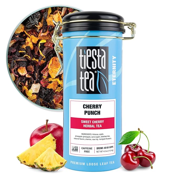Tiesta Tea - Cherry Punch, Loose Leaf, Sweet Cherry Herbal Drink, Premium Blend, Non-Caffeinated Fruit Tea, Makes Hot or Iced & Up to 50 Cups, 4oz Refillable Tin