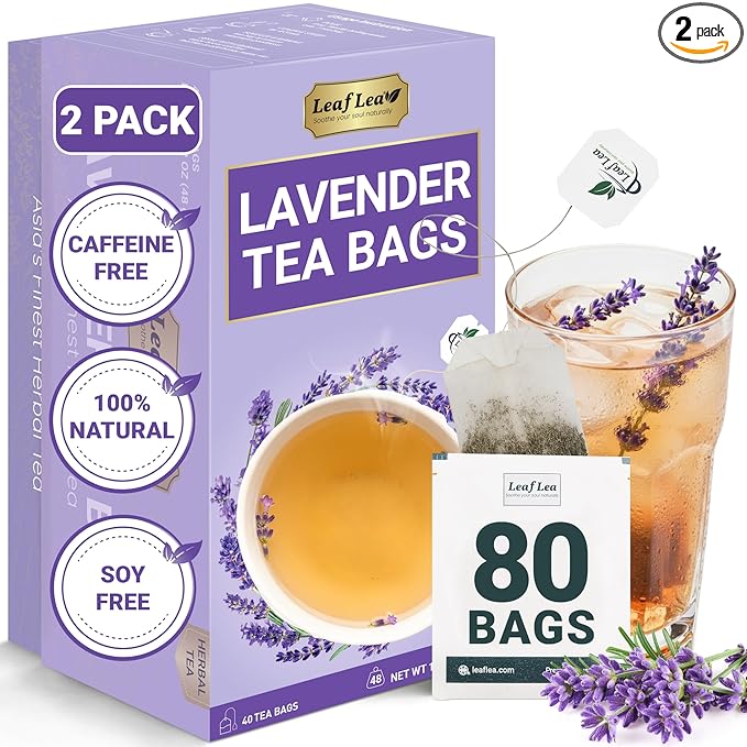 LeafLea 80 Premium Lavender Tea Bags, 100% Natural & Pure from Lavender Flowers, Nighttime Comfort & Digestive Support, Floral Aroma and Smooth Taste, Caffeine-Free, Sugar-Free, Individually Wrapped