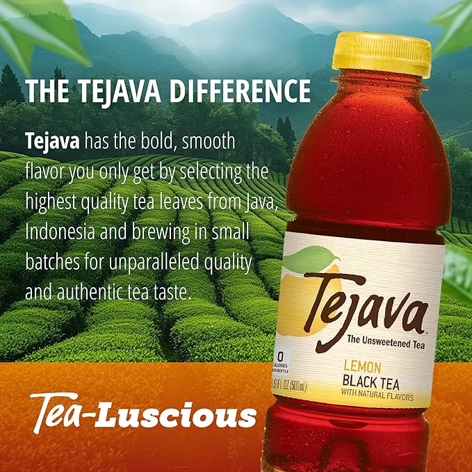 Tejava Lemon Black Iced Tea, 6 Pack, 16.9oz PET Bottles, Unsweetened, Non-GMO, Kosher, No Sugar or Sweeteners, No calories, No Preservatives, Brewed in Small Batches