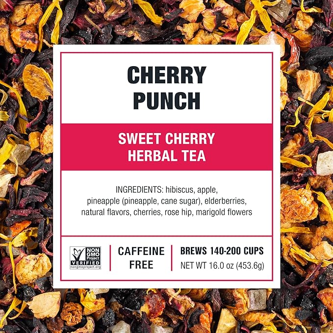 Tiesta Tea - Cherry Punch, Loose Leaf, Sweet Cherry Herbal Tea, Premium Blend, Non-Caffeinated Fruit Blend, Hot or Iced Up to 200 Cups, 16oz Resealable Pouch