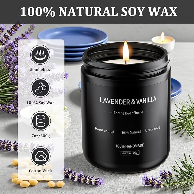 Lavender & Vanilla Candle 7oz, Scented Candles for Men&Women, Long Lasting Soy Candles for Home Scented, Black Women Mens Candle Gift for Birthday, Annivery, Christmas