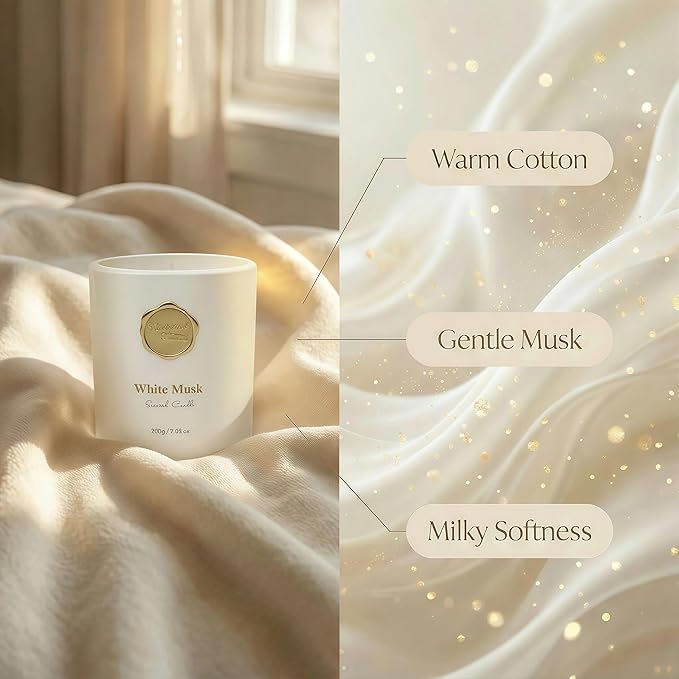 Scented Luxury Candles -Whitemusk-Aromatherapy Jar Candles for Relaxation & Sleep -7 oz- 45 Hours Clean Burn-Hand-Cast -100% Natural Soy Wax-Valentine’s Day Gift
