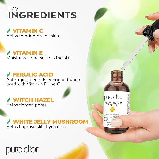 PURA D'OR 20% Vitamin C Facial Serum 4 Oz - Antioxidant Blend with Retinol, Hyaluronic Acid, Vitamin E & Ferulic Acid - Hydrating Lightweight Skincare Formula - Men and Women Daily Use Skin Care Plus