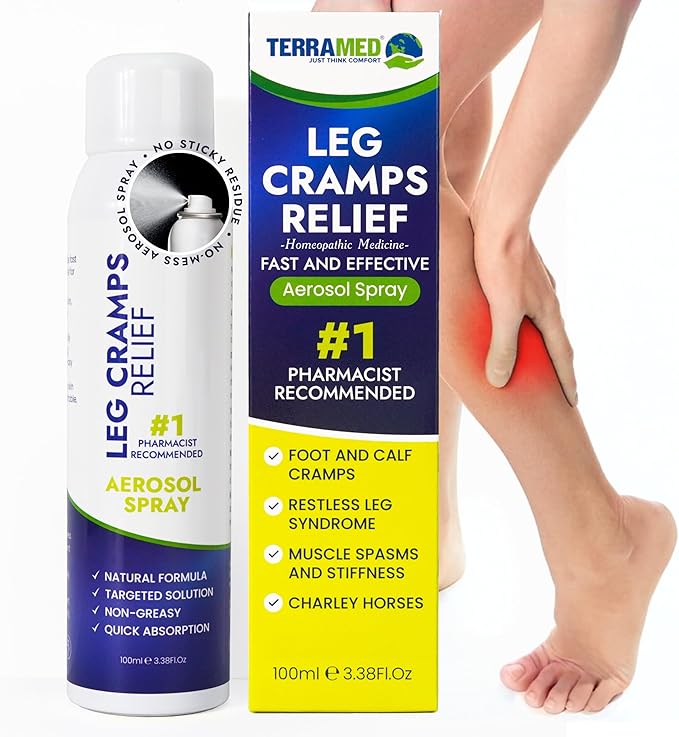 Terramed Just Think Comfort Fast Acting Leg Cramp Relief Aerosol Spray | Pain Relief for Muscle Spasms, Soreness, & Foot and Calf Cramps | Homeopathic Medicine for Restless Legs Syndrome Relief