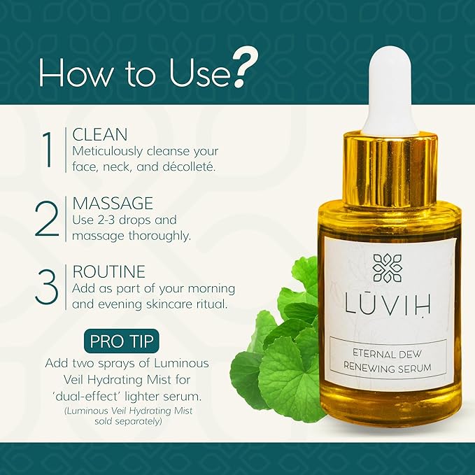 LUVIH Eternal Dew Face Serum with Bakuchiol, Vitamins A B C, Gotu Kola, Hibiscus & Lotus – Anti-Aging Hydrating Serum for Wrinkles, Fine Lines & Mature Skin – 30 mL