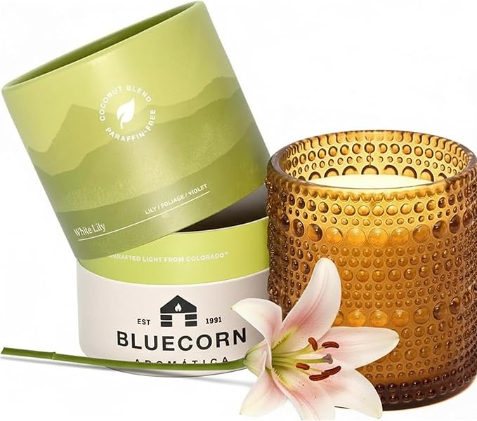 Bluecorn Aromática Scented Candle, White Lily Fragrance with Soft Foliage & Violet, Vegan Coconut Wax Candle, Long Lasting Candle for Home Decor, Gifts for Women & Men, American Made, 11 Oz Jar