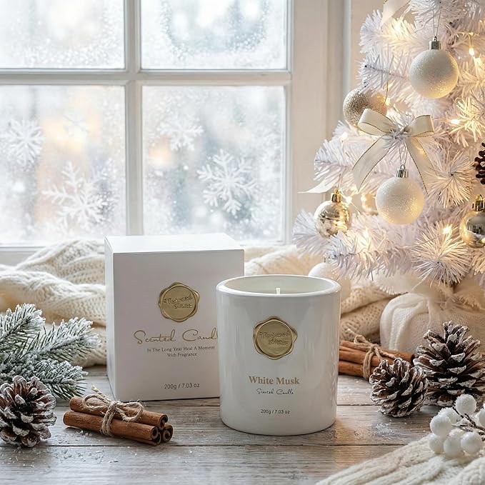 Scented Luxury Candles -Whitemusk-Aromatherapy Jar Candles for Relaxation & Sleep -7 oz- 45 Hours Clean Burn-Hand-Cast -100% Natural Soy Wax-Valentine’s Day Gift