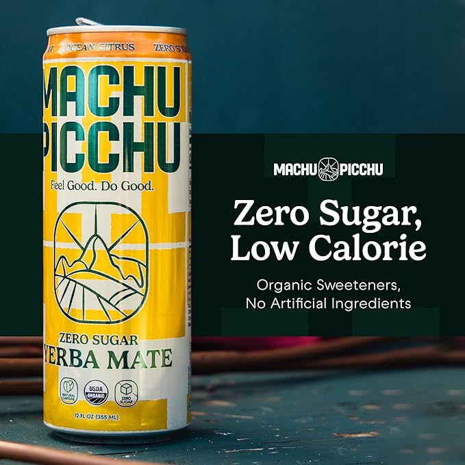 MACHU PICCHU ENERGY, Non-Carbonated Zero Sugar Yerba Mate, Clean Energy Drink Alternative, 12oz (Pack of 12) – 120mg Organic Green Coffee Bean Caffeine, Low Calorie, USDA Organic, No Artificial Flavors (Ocean Citrus)