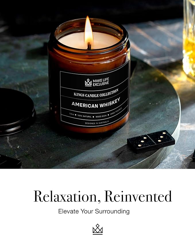 Scented Candles for Men | Whiskey Scented | Wooden Wick, Long Lasting, Masculine Scents | Natural Soy Jar Candle for Home, Bacehlor Pad Decor | The Perfect Mens Gift