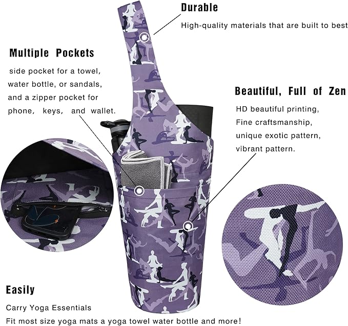 Fashion Printed Yoga Mat Bag with Large Side Pocket & Zipper Pocket Long Tote Yoga Bag Fit Most Size Mats - Holds More Yoga Accessories