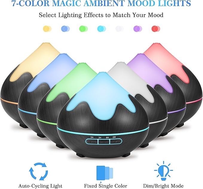 500ML Essential Oil Diffuser, Aromatherapy Diffuser with Remote Control, Multifunctional Air Diffusers for Home Office Room, Fragrance Aroma Diffuser with 7 Color LED & 2 Mist Mode, Black