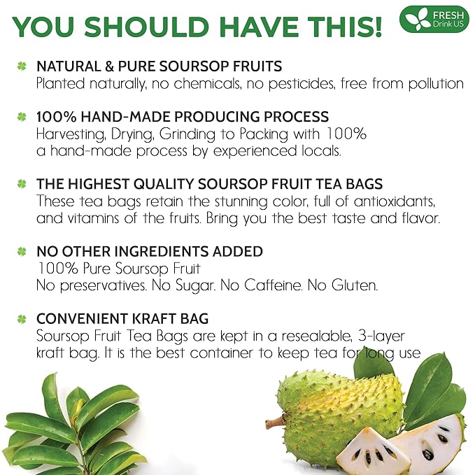 FreshDrinkUS, 60 Premium Soursop Graviola Fruit Tea Bags, 100% Natural and Pure from Soursop Fruits, Made With Natural Materials-Corn Fiber Tea Bag, Sugar/Caffeine/Gluten Free, Hoja Guanabana Tea