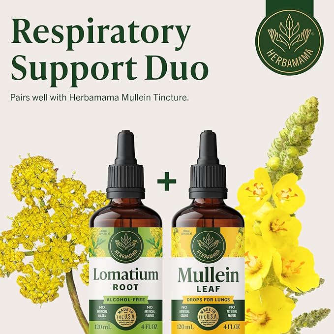 HERBAMAMA Lomatium Root Tincture - Vegan Lomatium Dissectum Extract for Lung Cleanse & Detox - Non-GMO, Alcohol & Sugar-Free Respiratory Lung Support Supplement, 56-Day Supply