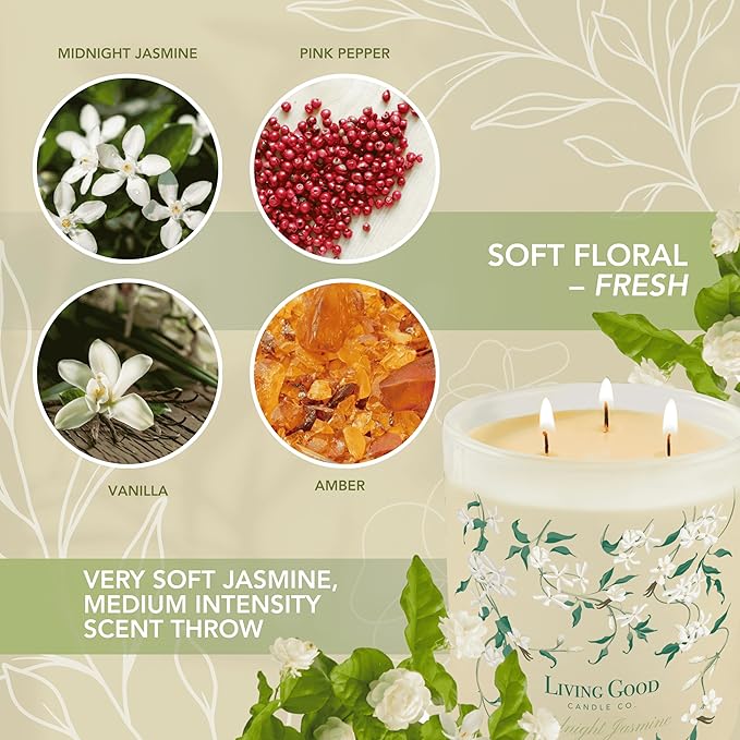 Midnight Jasmine Beeswax Candle - Nostalgic Soft Jasmine with Pink Pepper & Vanilla - Subtle & Refreshing - 90+ Hours of Clean & Non-Toxic Burn - Hand-Drawn Jar - Perfect Unique Gift - 15 OZ