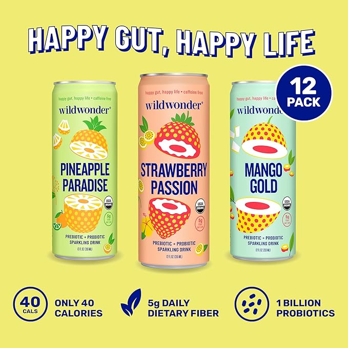 wildwonder Sparkling Probiotic Drink 12pk, For Gut Health & Immune Support, Tropical Vibes Variety, 5g Prebiotic Fiber, Live Probiotics, Organic, Vegan, Low Sugar, 12Pack, 12oz Can, Seen on Shark Tank