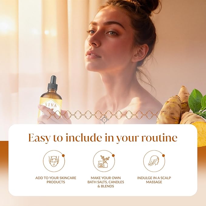 Siva Turmeric Essential Oil - 4 Fl Oz – 100% Natural Turmeric Oil - for Diffuser, Face, Skin Care, Aromatherapy, Hair Care, Scalp and Body Massage - with Dropper