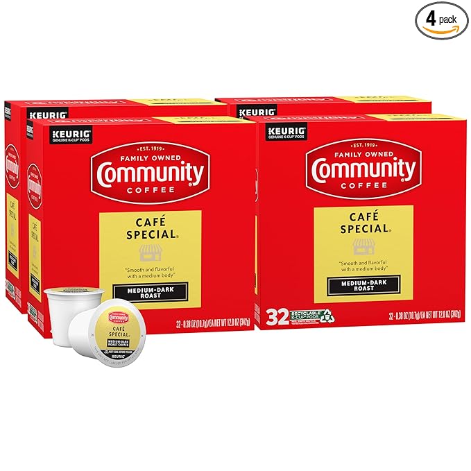 Community Coffee Café Special, Medium-Dark Roast, Single-Serve Keurig K-Cup Pods, 32 Count (Pack of 4)