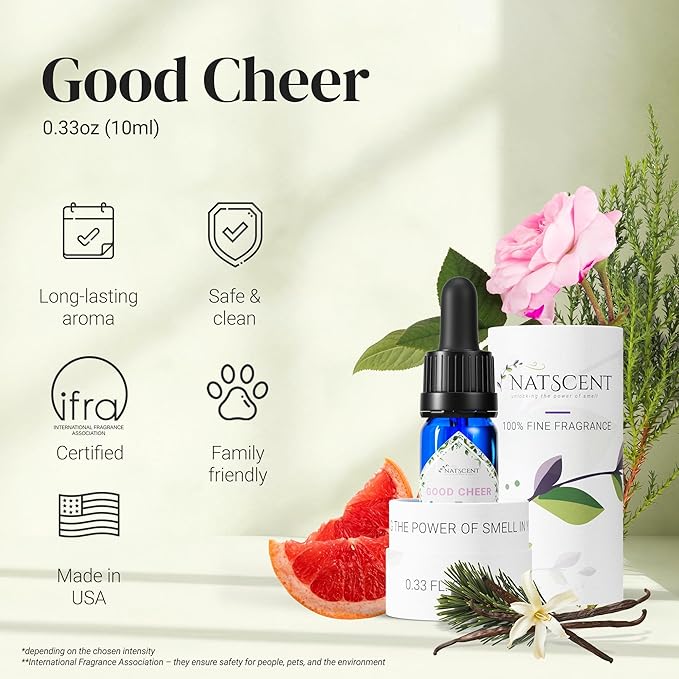 Good Cheer Essential Oils for Diffusers for Home, Nature-derived Essential Oil, Long-Lasting & Family-Friendly Diffuser Oils Scents, IFRA Certified, Cold Air & Ultrasonic - 0.33 oz
