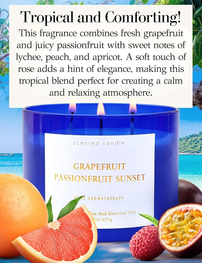 Grapefruit Passionfruit Sunset 3-Wick Scented Soy Candle, 15.8 oz | Large Tropical Citrus Candle for Home | Strong Aromatherapy Stress Relief Candles | Gift for Women & Men | Long-Lasting Clean Burn