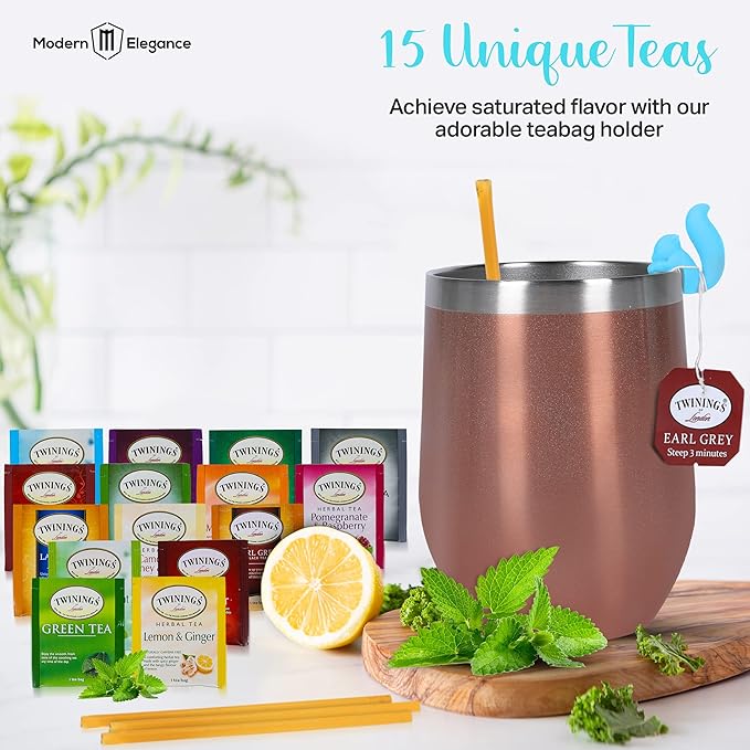 Modern Elegance Tea Tumbler Gift Set – Includes Tea Bag Holder, Spoon, Honey Straw, 15 Assorted Flavor Blends & Hot & Cold 12oz Insulated Tumbler – Ideal for Holiday Gift for Tea Lovers – Rose Gold