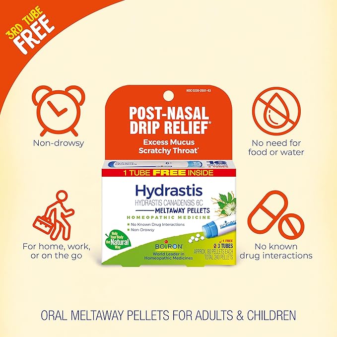 Boiron Hydrastis Canadensis 6C Homeopathic Medicine for Post-Nasal Drip Relief, Excess Mucus, Scratchy Throat - (240 Pellets), 3 Count (Pack of 2)