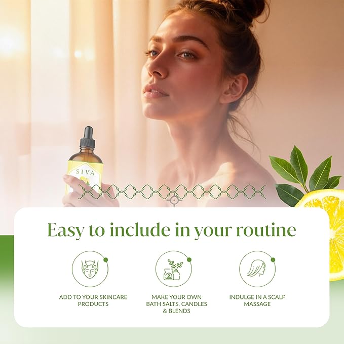Siva Lemon Essential Oil - 4 Fl Oz – 100% Natural Lemon Oil - for Diffuser, Face, Skin Care, Aromatherapy, Hair Care, Scalp and Body Massage - with Dropper