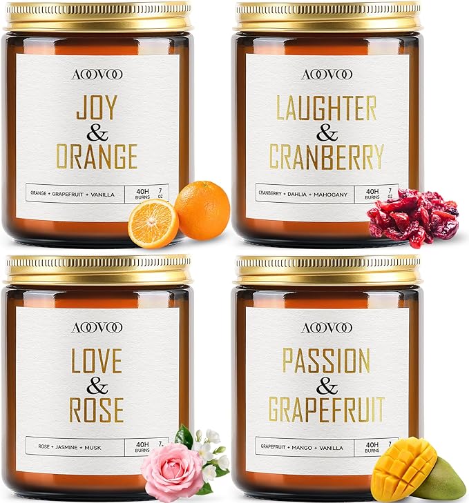 AOOVOO Candle Set - 4PC Scented Candles, 28 oz Soy Candles, Soy Candle for Home Scented, Joy Orange/Laughter Cranberry/Love Rose/Passion Grapefruit