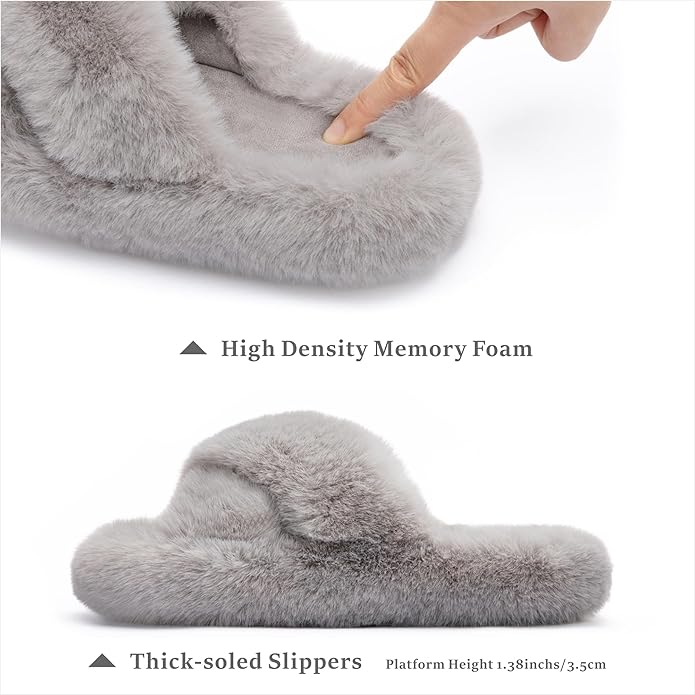 Chantomoo Women's Blue Memory Foam Faux Fur Lined Open Toe Slippers for Women - US 12