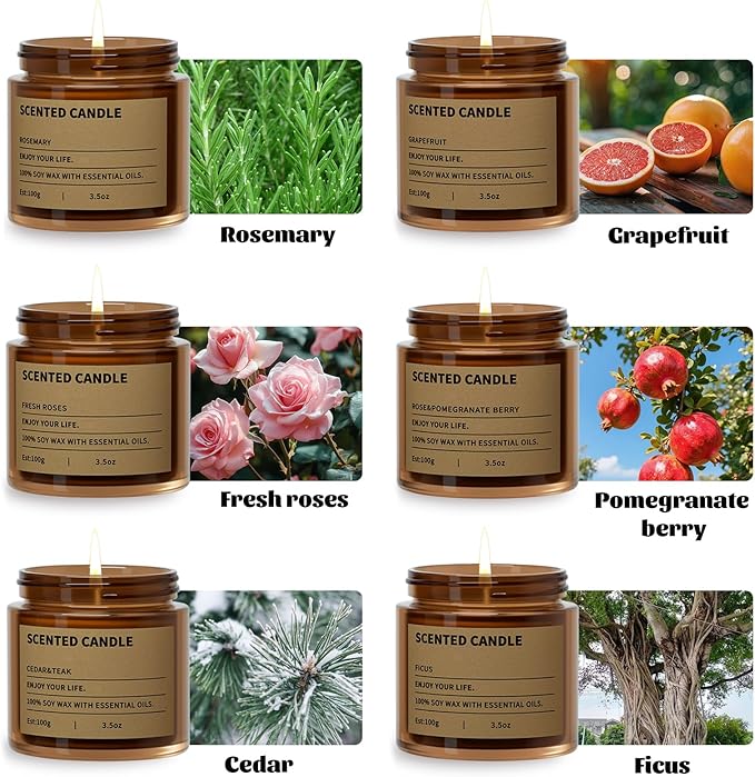 6 Pack Scented Candles Gifts for Women,3.5 Oz Amber Candles Set, 150 Hours Long Burning Soy Wax Candles Jar Aromatherapy Candles for Stress Relief, Birthdays, Weddings, Christmas Gifts, Yoga, Bath