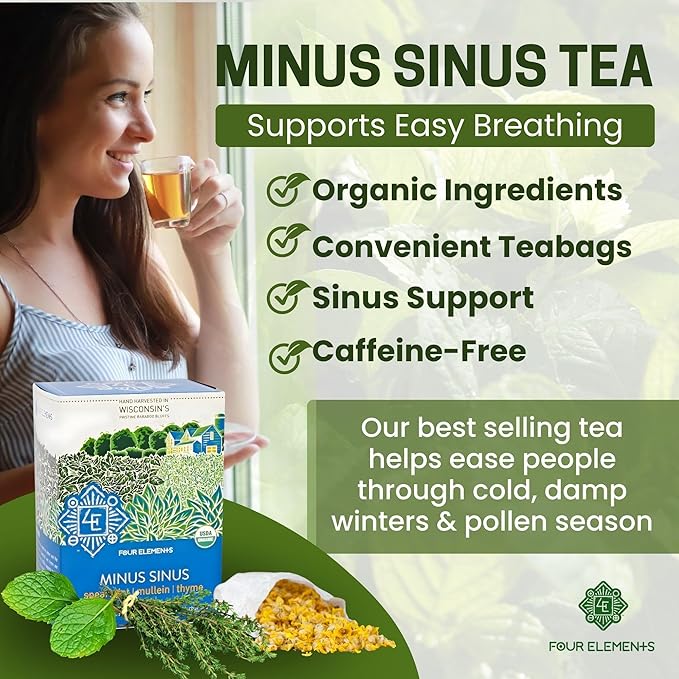 Four Elements Minus Sinus Tea [16 Teabags, 1.2 oz] | Organic Spearmint Tea with Mullein & Thyme | Caffeine Free Herbal Blend with Refreshing Aroma & Comforting Flavor | Enjoy Hot or Iced Latte
