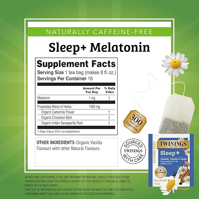 Twinings Superblends Sleep+ Herbal Tea with 1mg Melatonin Camomile, Cinnamon & Vanilla, Naturally Caffeine-Free, 16 Tea Bags (Pack of 1), Enjoy Hot or Iced