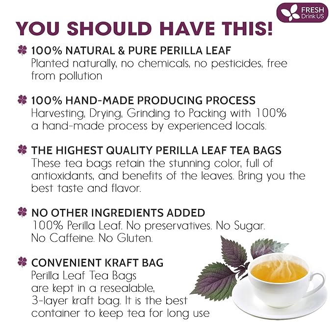 FreshDrinkUS, Premium Perilla Leaf Tea – 40 Tea Bags | 100% Pure Perilla Leaves | Caffeine-Free, Non-GMO, Natural Packaging | Herbal Tea Bags for Daily Enjoyment. Gluten-Free. Sugar-Free. Vegan