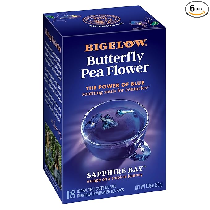 Bigelow Tea Sapphire Bay Butterfly Pea Flower, Blue Tea, Caffeine Free (Pack of 6), 108 Total Tea Bags