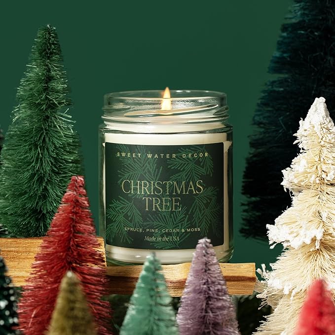Sweet Water Decor Christmas Tree Candle - Spruce, Pine Needles and Evergreen Candles Scented Soy Candles for Home - Christmas Candle Gold Foil Pattern 9oz Clear Jar, 40 Hour Burn Time, Made in the USA