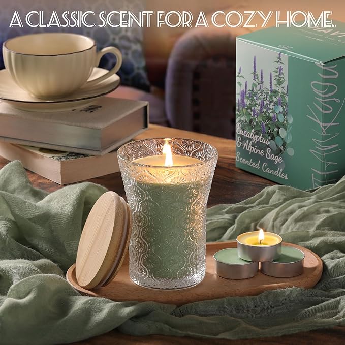 Eucalyptus & Alpine Sage Scented Candle, Galentines Valentines Mother's Day Soy Jar Candles Gift for Men Women,8 OZ Aromatherapy Candles for Home Decor