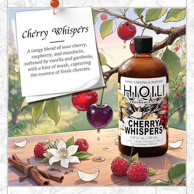 HIQILI Cherry Whispers‌ Fragrance Oil for Soap, Candle Making, Inspired by E.scd Cherry in-t.Air, Wool Dryer Balls, Home Luxury Scents for Laundry & Bathroom Use - 5.07 Fl Oz