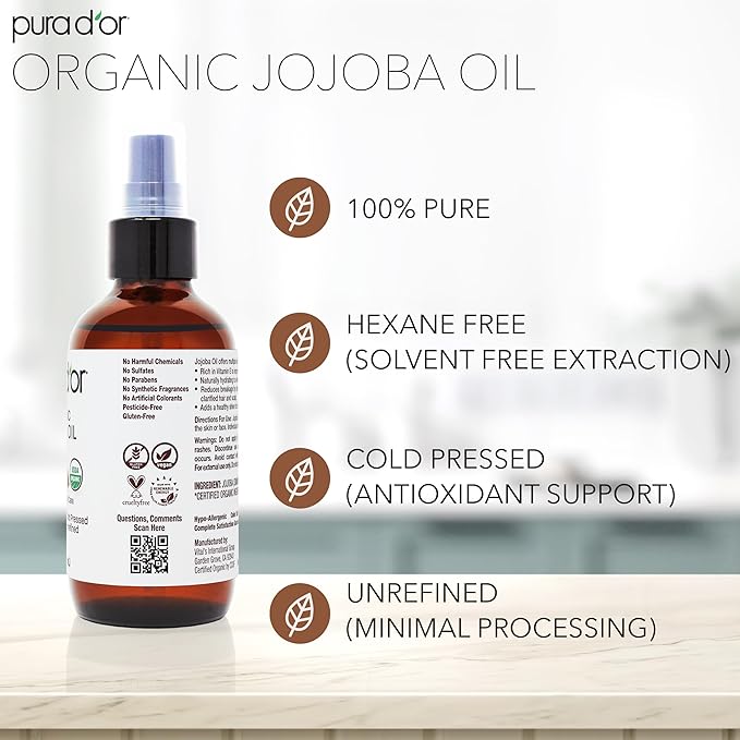 PURA D'OR 4 Oz Organic Jojoba Oil - USDA Certified - 100% Pure & Natural Moisturizer - Cold Pressed, Unrefined, Hexane Free Base Carrier Oil For DIY Skin Care, Hair, Face & Nails