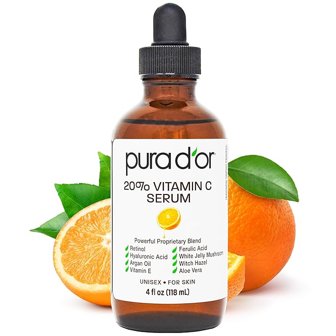 PURA D'OR 20% Vitamin C Facial Serum 4 Oz - Antioxidant Blend with Retinol, Hyaluronic Acid, Vitamin E & Ferulic Acid - Hydrating Lightweight Skincare Formula - Men and Women Daily Use Skin Care Plus
