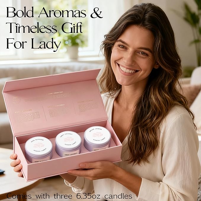 Candle Gift Set for Women – 3 Scented Soy Candles in Pink Gift Box – Orchid & Jasmine, Sweet Coconut, Rose Blossom – Birthday Gifts for Women, Christmas Gifts, Housewarming, Aromatherapy Candles